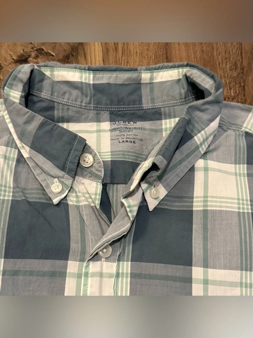 EUC J.Crew Men's Blue and White Plaid Button-Down Shirt - Large